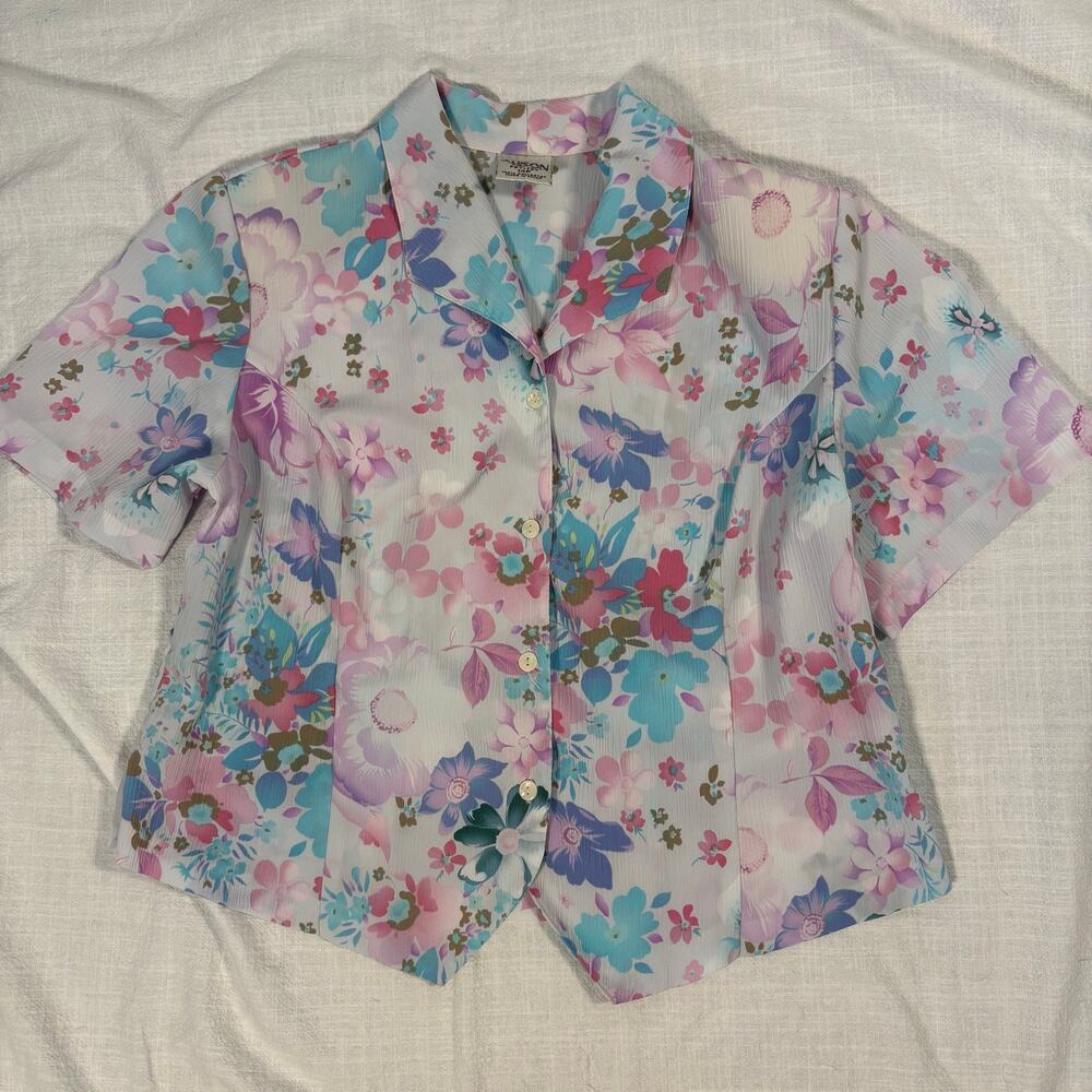 Allison Daley Vintage Pastel Floral Blouse 14P Short Sleeve Crinkle Cottagecore